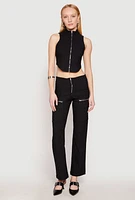 Womens Pinstripe Zip Front Pants, Black, Size L