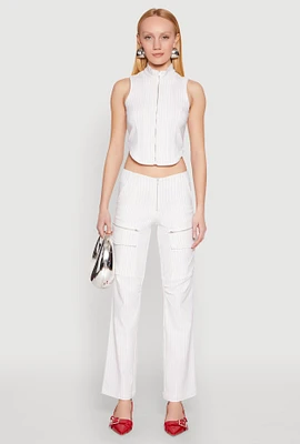 Womens Pinstripe Zip Front Pants, White, Size L