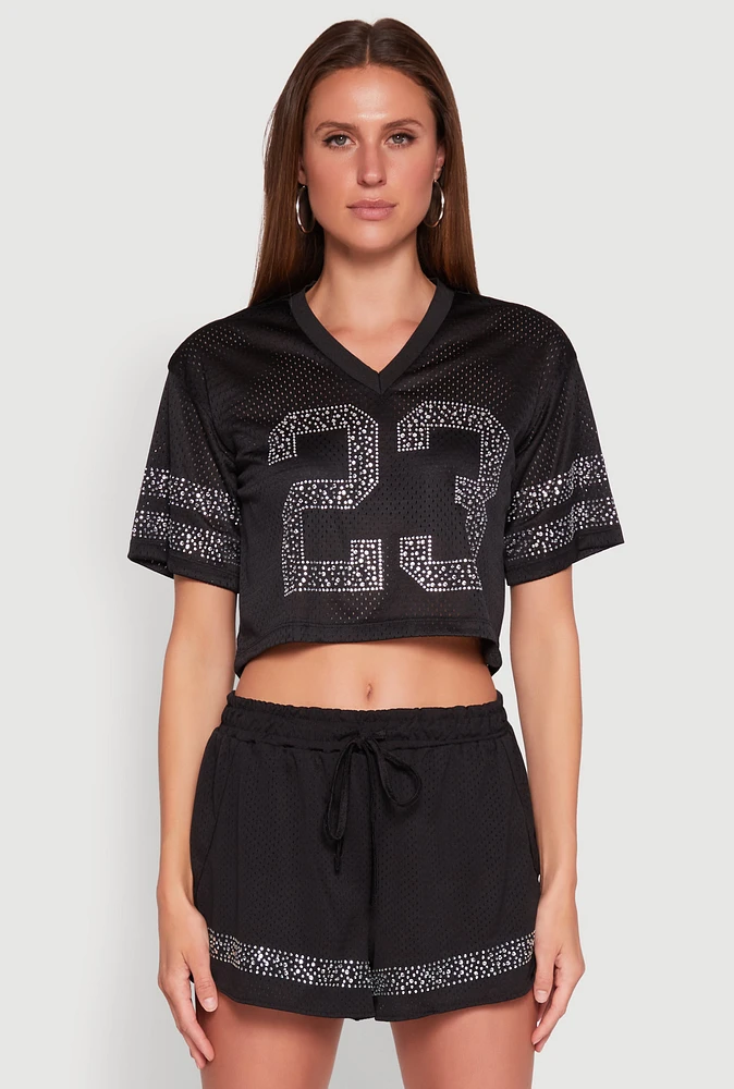 Womens Rhinestone Varsity Stripe Mesh Jersey,