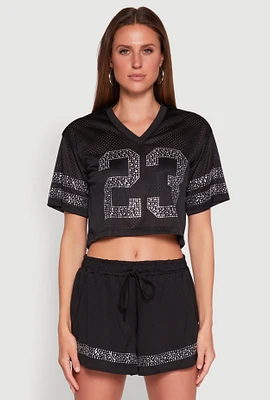 Womens Rhinestone Varsity Stripe Mesh Jersey,