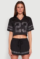 Womens Rhinestone Varsity Stripe Mesh Jersey,