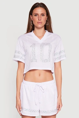 Womens Rhinestone Varsity Stripe Mesh Jersey, White, Size S