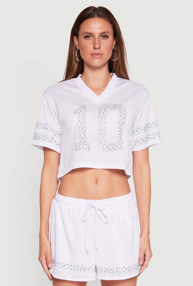 Womens Rhinestone Varsity Stripe Mesh Jersey, White, Size XL