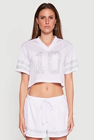 Womens Rhinestone Varsity Stripe Mesh Jersey, White, Size XL