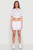 Womens Rhinestone Varsity Stripe Mesh Jersey, White, Size S