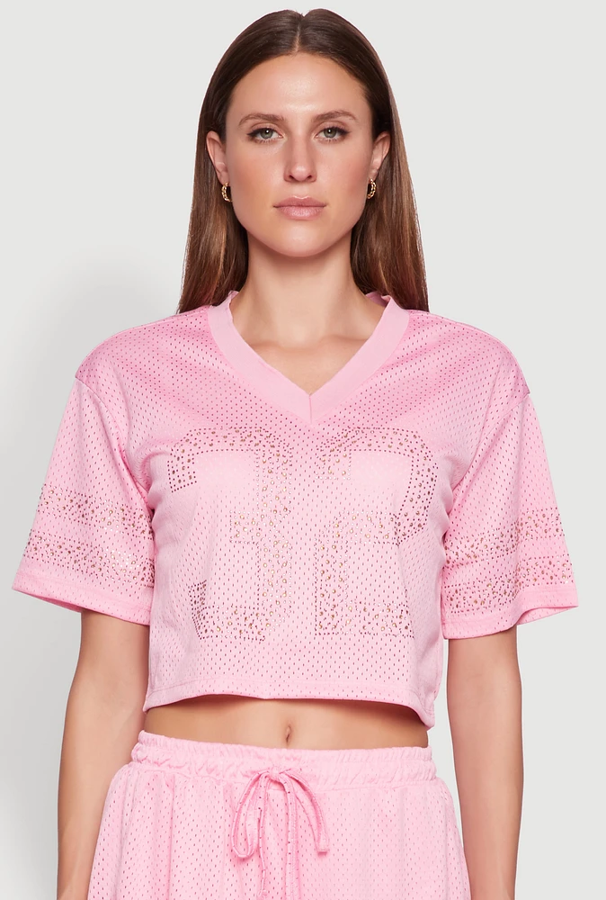 Womens Rhinestone Varsity Stripe Mesh Jersey, Pink, Size L