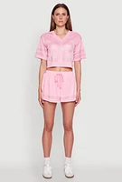 Womens Rhinestone Varsity Stripe Mesh Jersey, Pink, Size L