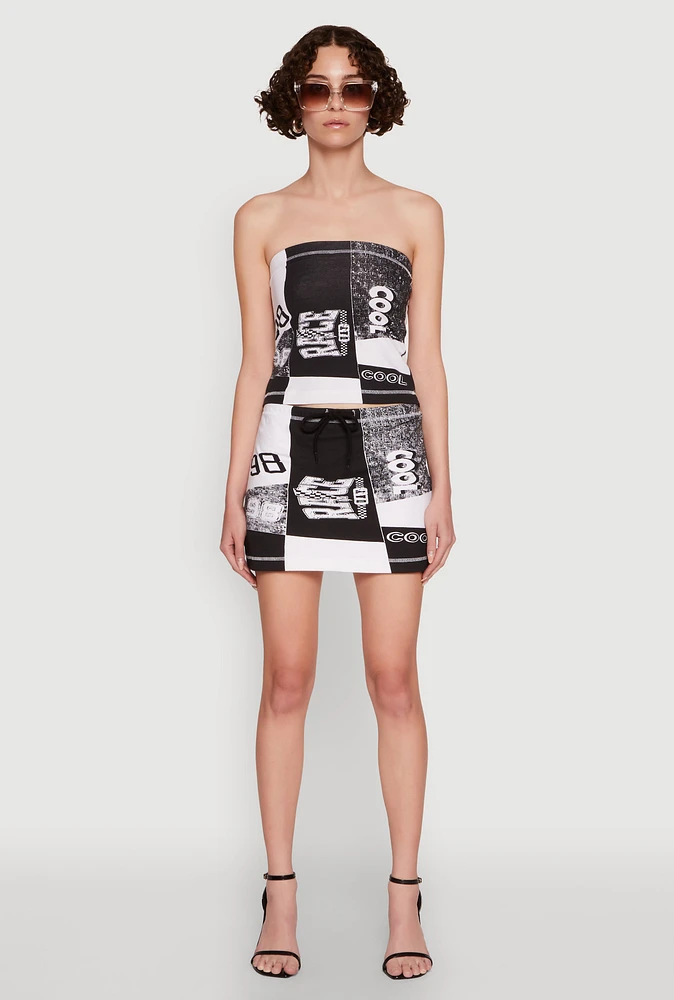 Womens Race Day Patchwork Print Mini Skirt with Drawstring Waist, Multi, Size M