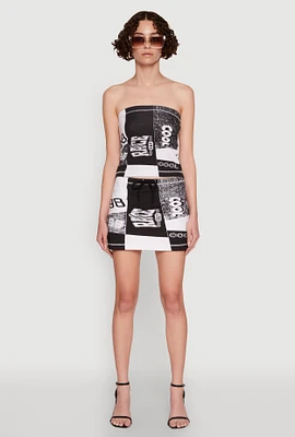 Womens Race Day Patchwork Print Mini Skirt with Drawstring Waist, Multi, Size M