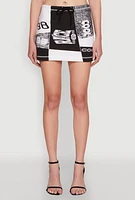 Womens Race Day Patchwork Print Mini Skirt with Drawstring Waist, Multi,