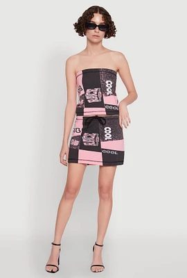 Womens Race Day Patchwork Print Mini Skirt with Drawstring Waist, Multi,