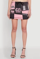 Womens Race Day Patchwork Print Mini Skirt with Drawstring Waist, Multi,