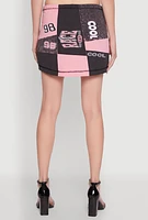 Womens Race Day Patchwork Print Mini Skirt with Drawstring Waist, Multi,