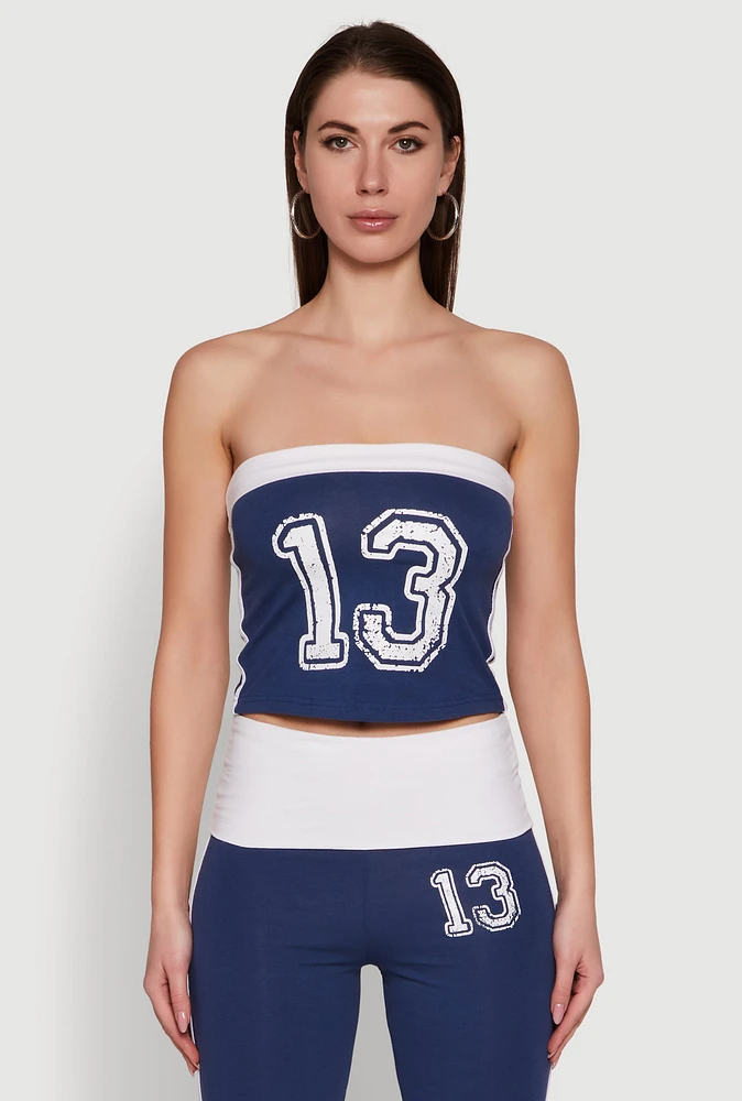 Womens Varsity Stripe Graphic Print Tube Top, Blue, Size S