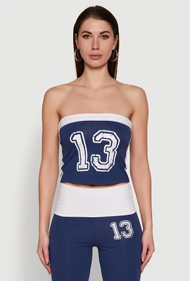 Womens Varsity Stripe Graphic Print Tube Top, Blue, Size S