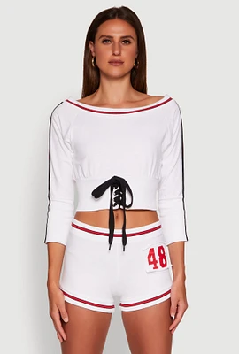 Womens Trendy French Terry 48 Graphic Varsity Stripe Crop Sweatshirt, White, Size XL