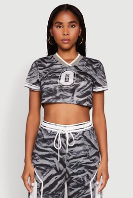 Womens Graphic Zebra Print Cropped Football Jersey, Grey, Size XL