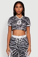 Womens Graphic Zebra Print Cropped Football Jersey, Grey, Size M
