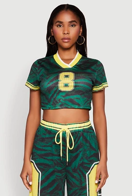 Womens Graphic Zebra Print Cropped Football Jersey, Green, Size M