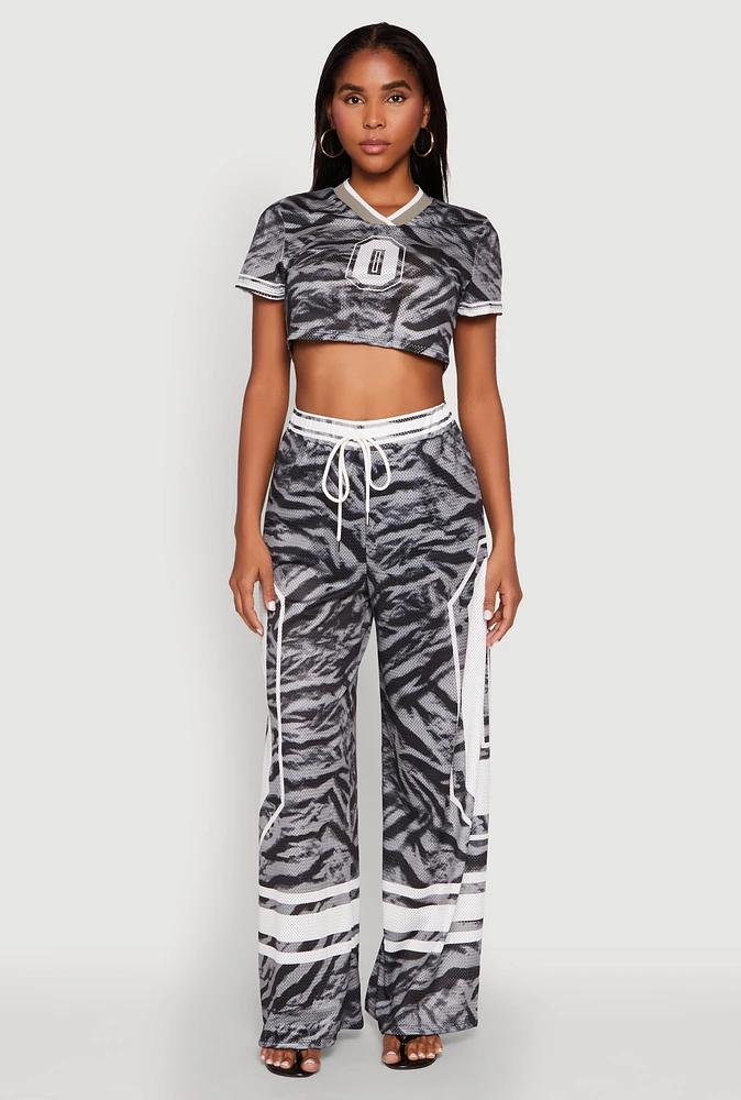 Womens Jersey Mesh Graphic Zebra Print Wide Leg Pants, Grey, Size XL