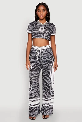 Womens Jersey Mesh Graphic Zebra Print Wide Leg Pants, Grey, Size XL