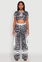 Womens Jersey Mesh Graphic Zebra Print Wide Leg Pants, Grey, Size XL