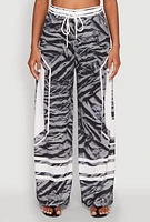 Womens Jersey Mesh Graphic Zebra Print Wide Leg Pants, Grey, Size XL