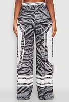 Womens Jersey Mesh Graphic Zebra Print Wide Leg Pants, Grey, Size XL
