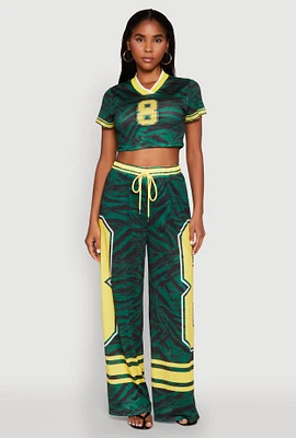 Womens Jersey Mesh Graphic Zebra Print Wide Leg Pants, Green, Size L