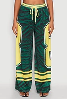 Womens Jersey Mesh Graphic Zebra Print Wide Leg Pants, Green, Size L