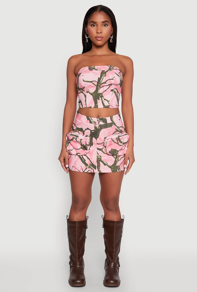 Womens Hunter Camo Print Zip Cargo Pocket Skirt, Pink,