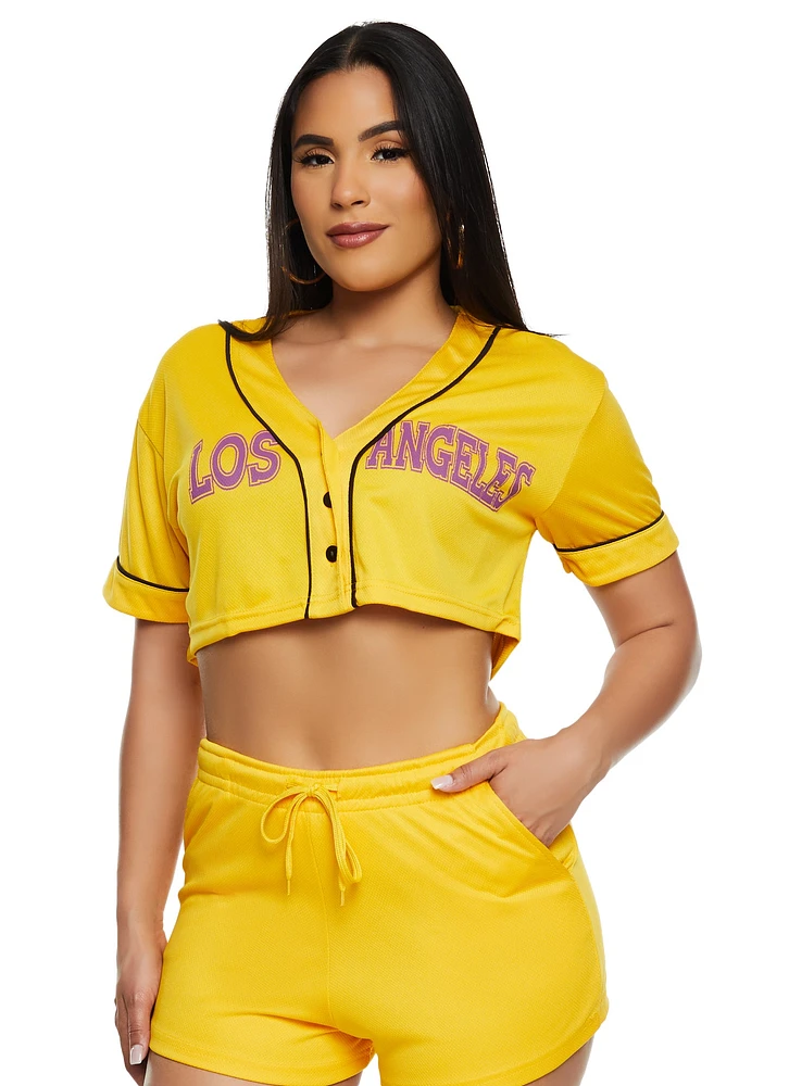 Womens City Graphic Mesh Cropped Baseball Tee, Yellow, Size L