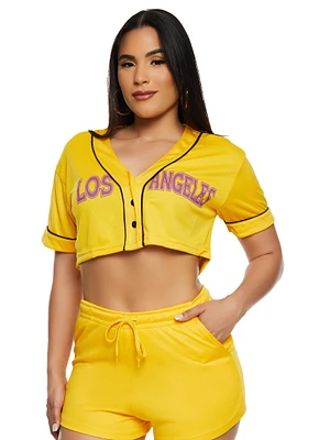 Womens City Graphic Mesh Cropped Baseball Tee, Yellow, Size L