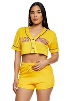 Womens City Graphic Mesh Cropped Baseball Tee, Yellow, Size L