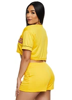 Womens City Graphic Mesh Cropped Baseball Tee, Yellow, Size L