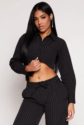 Womens Pinstripe Cropped Shirt, Black,