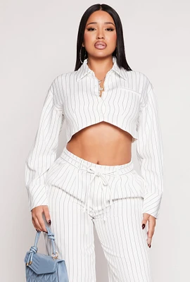 Womens Pinstripe Cropped Shirt, White, Size XL