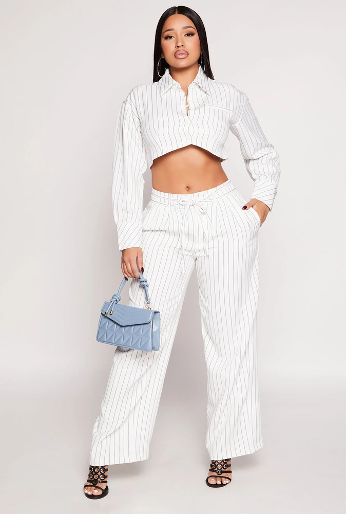 Womens Pinstripe Cropped Shirt, White, Size L