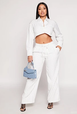 Womens Tie Waist Belted Pinstripe Pants, White, Size S