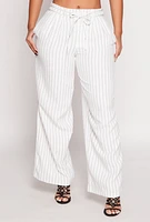 Womens Tie Waist Belted Pinstripe Pants, White, Size S