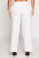 Womens Tie Waist Belted Pinstripe Pants, White, Size S