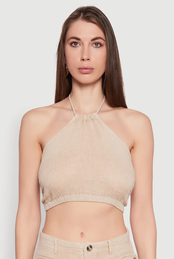Womens Spoon Jeans Gauze Knit Tie Back Cropped Halter Top,