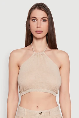 Womens Spoon Jeans Gauze Knit Tie Back Cropped Halter Top, Beige, Size XL