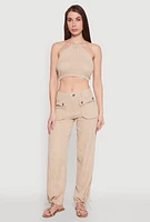 Womens Spoon Jeans Gauze Knit Tie Back Cropped Halter Top,