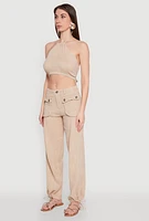 Womens Spoon Jeans Gauze Knit Tie Back Cropped Halter Top,