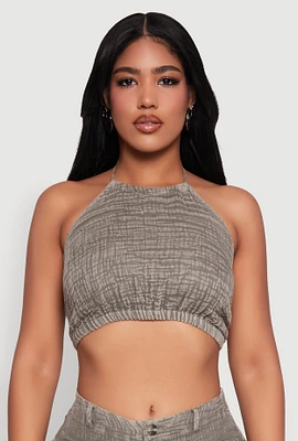 Womens Spoon Jeans Gauze Knit Tie Back Cropped Halter Top, Green, Size L