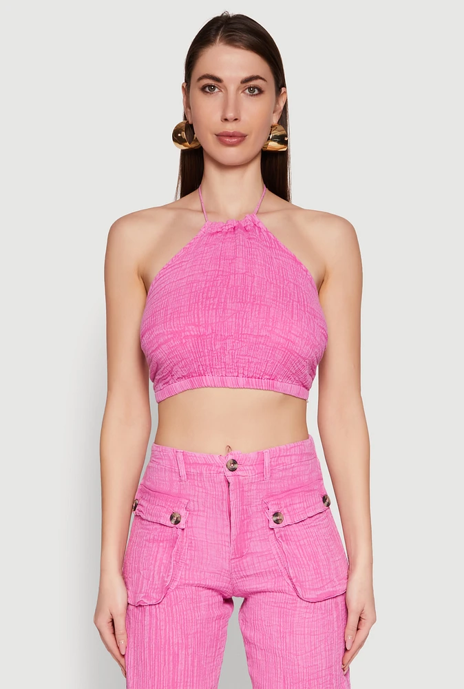 Womens Spoon Jeans Gauze Knit Tie Back Cropped Halter Top, Pink, Size XL