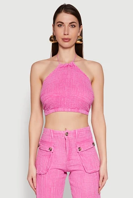 Womens Spoon Jeans Gauze Knit Tie Back Cropped Halter Top, Pink, Size XL