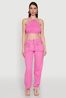 Womens Spoon Jeans Gauze Knit Tie Back Cropped Halter Top, Pink, Size XL