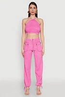 Womens Spoon Jeans Gauze Knit Tie Back Cropped Halter Top, Pink, Size XL